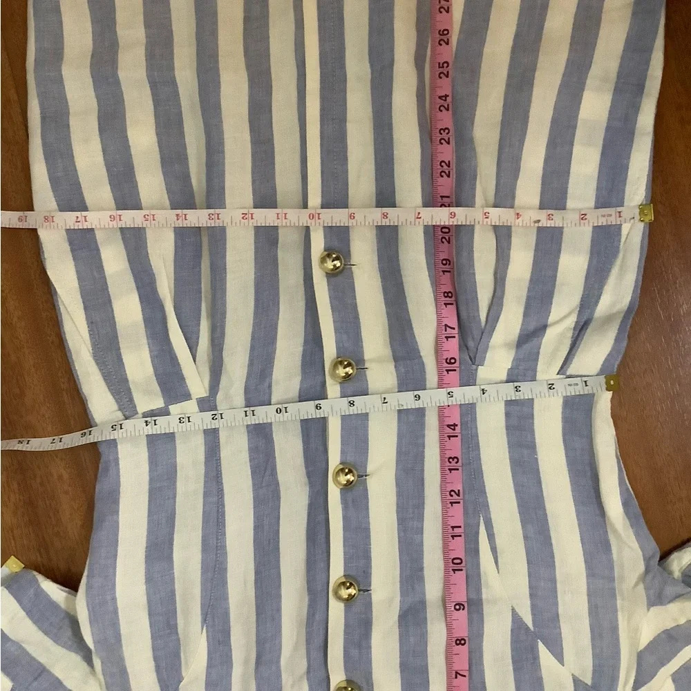 Elegant Linen Chunky Gold Button Blue and White Striped Midi Dress VTG - Picture 5 of 13